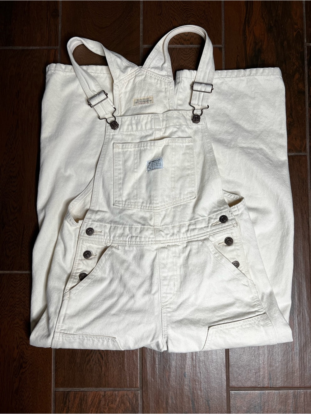 Levi’s Premium Cream Wide Leg Utility Overalls Large Double Knee Dungarees - Picture 3 of 9